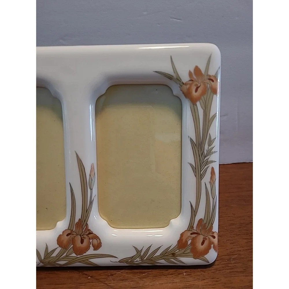 Vintage Hand Painted‎ White Ceramic 2 Pictures Copper Iris Flowers Japan